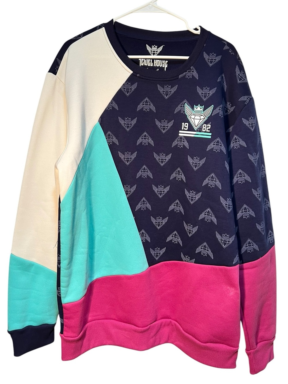 Jewel House Sweatshirt Colorblock Navy Blue Teal Pink White 2XL